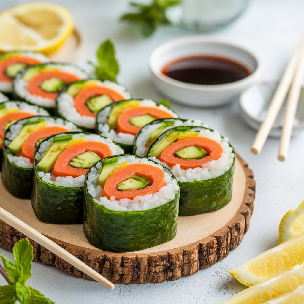 Fresh cucumber sushi rolls filled with avocado, crabstick, and carrots on a bamboo mat with soy sauce and chopsticks.