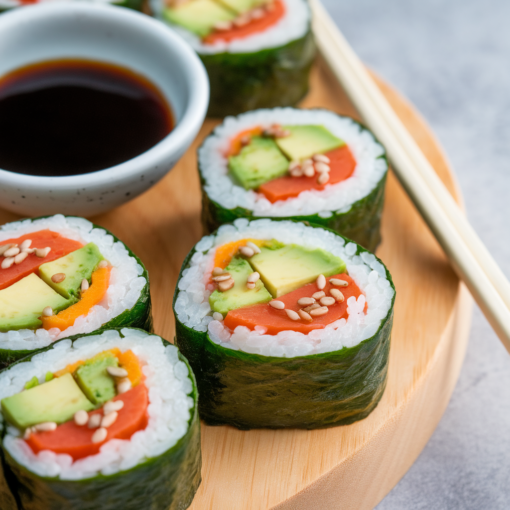Fresh cucumber sushi rolls filled with avocado, crabstick, and carrots on a bamboo mat with soy sauce and chopsticks.