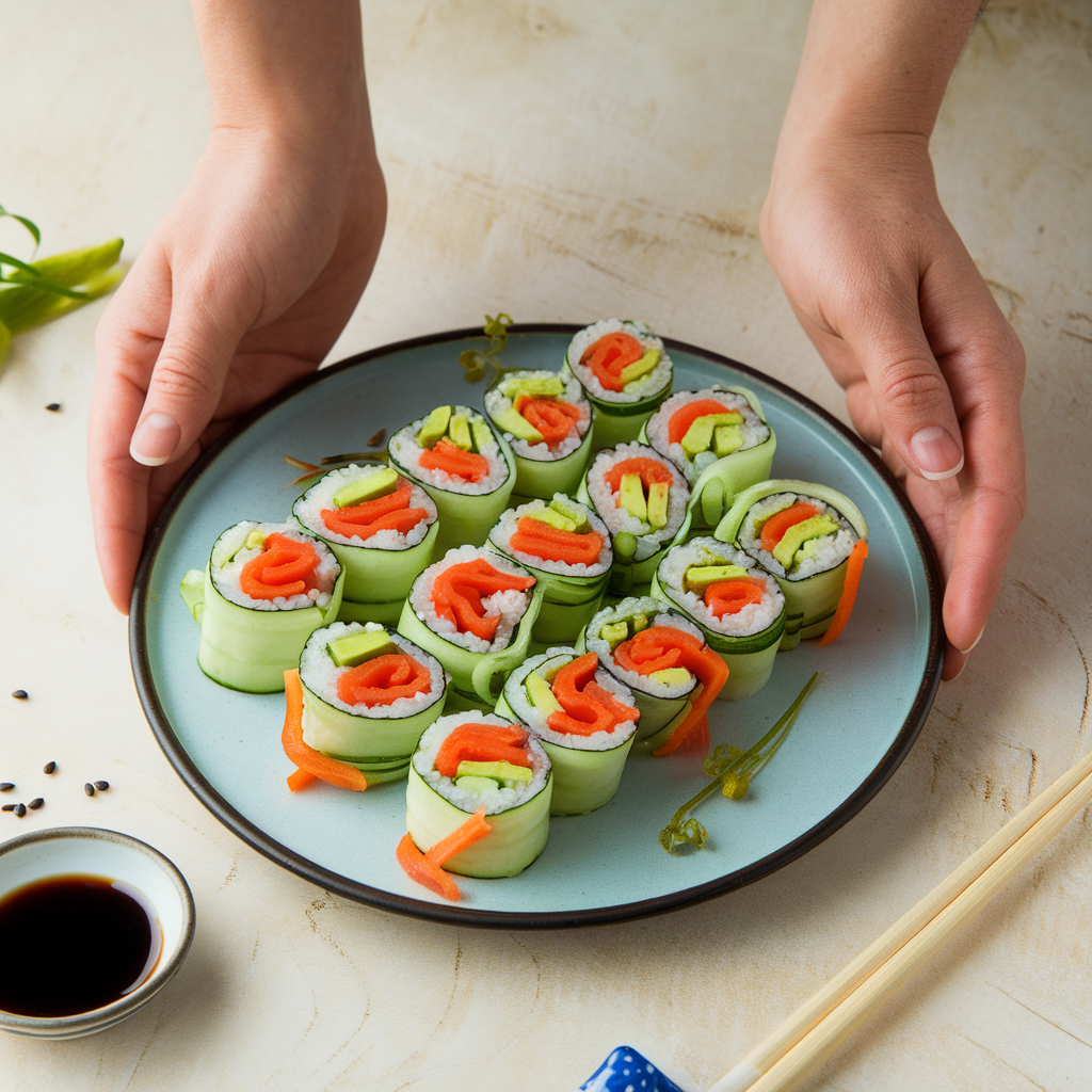 Fresh cucumber sushi rolls filled with avocado, crabstick, and carrots on a bamboo mat with soy sauce and chopsticks.