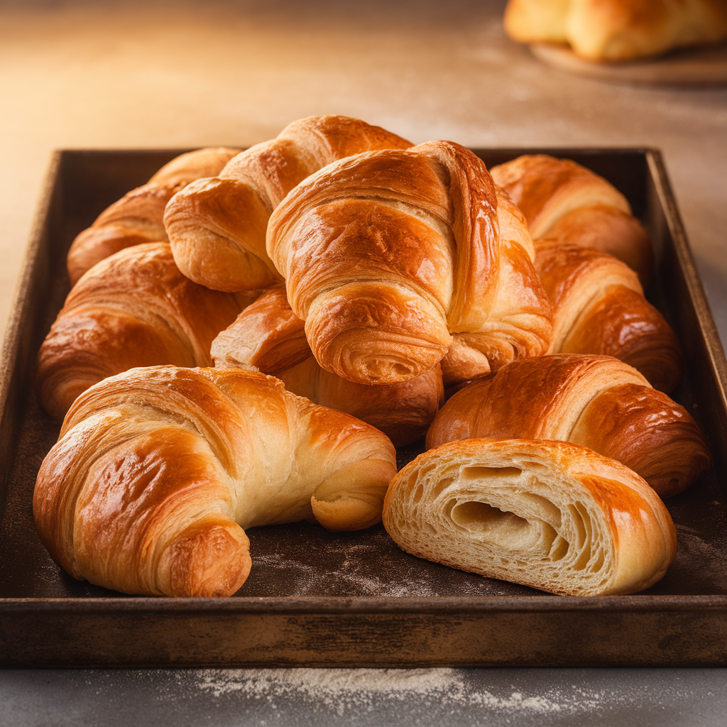 Freshly baked golden croissant broodjes filled with ham and cheese, served on a rustic wooden board.