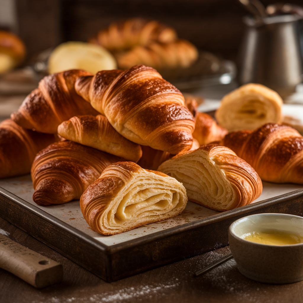 Freshly baked golden croissant broodjes filled with ham and cheese, served on a rustic wooden board.