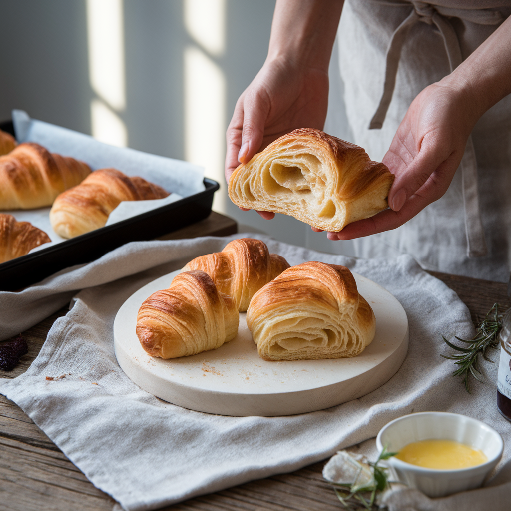 Freshly baked golden croissant broodjes filled with ham and cheese, served on a rustic wooden board.