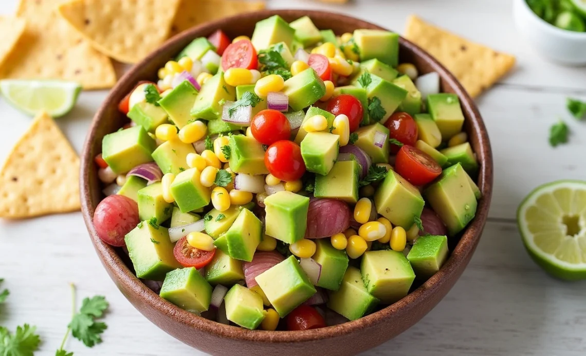 A vibrant bowl of avocado corn salsa with diced avocados, sweet corn, cherry tomatoes, red onions, and cilantro, served in a white bowl with tortilla chips on the side.