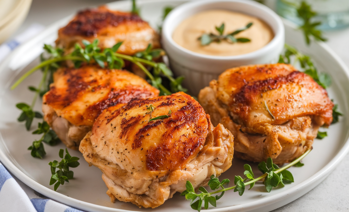 A plate of golden-brown, juicy air fryer boneless chicken thighs garnished with fresh herbs, served with a side of roasted vegetables.
