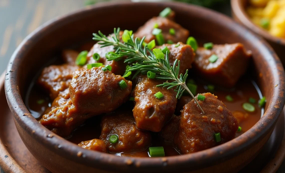 A hearty plate of tender, juicy Jamaican oxtail stew served with rice and peas, garnished with fresh herbs.