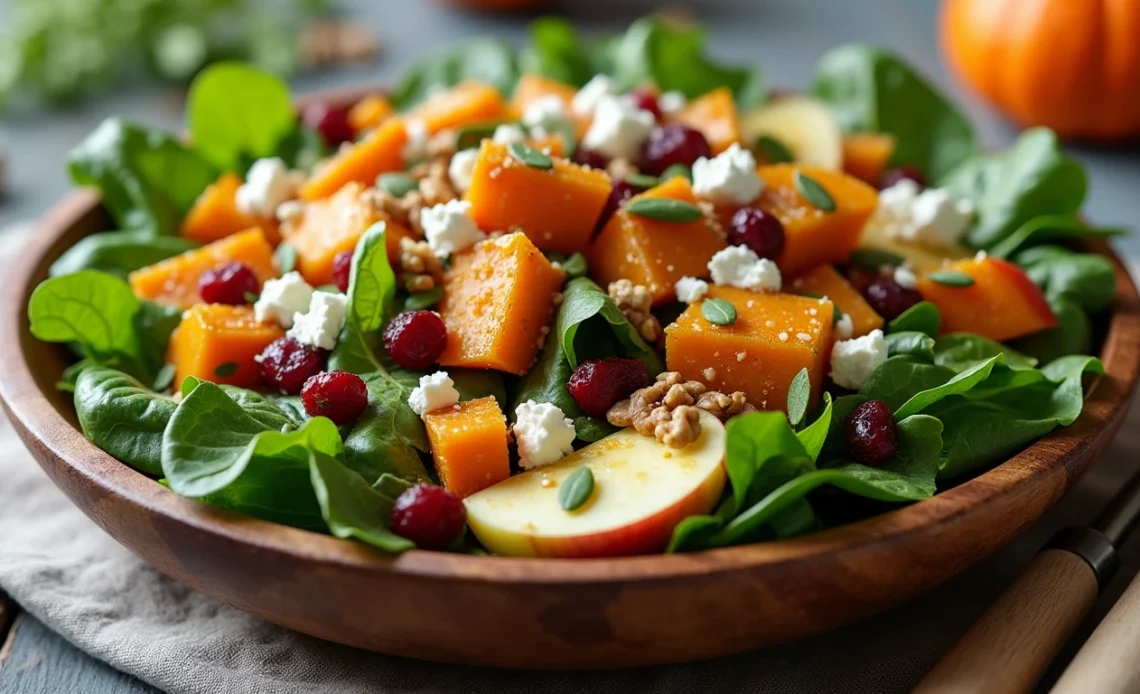 A bowl of autumn harvest salad with roasted squash, cranberries, nuts, and mixed greens, drizzled with a tangy dressing.