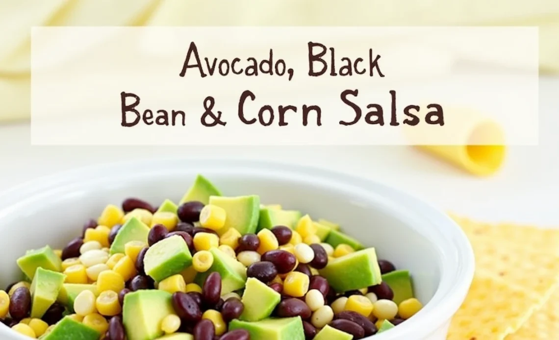 A colorful bowl of avocado, black bean, and corn salsa, garnished with cilantro, served with tortilla chips on the side.