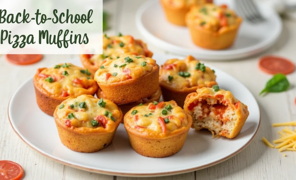 A batch of golden-brown pizza muffins filled with melted cheese, pepperoni, and tomato sauce, served in a muffin tin with a side of marinara dipping sauce.