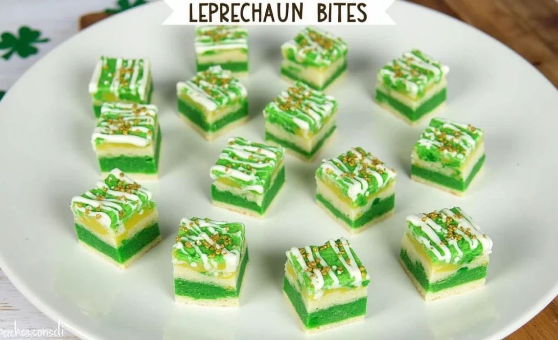 A plate of colorful Leprechaun Bites—bite-sized sweet treats decorated with green sprinkles and festive St. Patrick’s Day toppings.