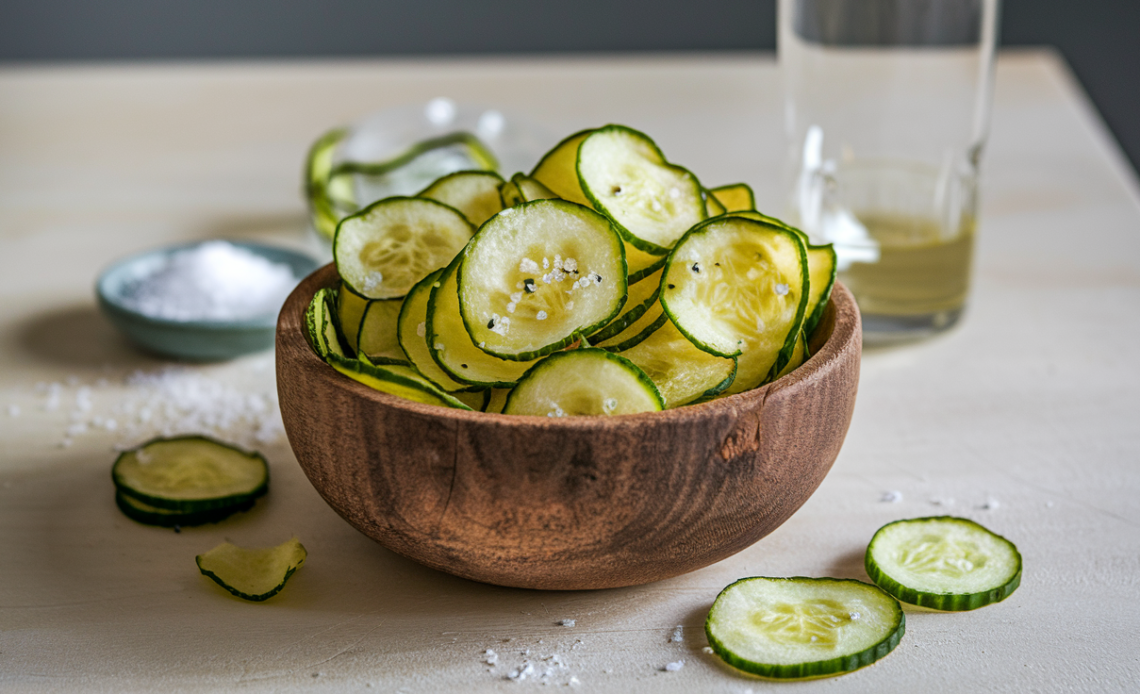 A bowl of crispy baked cucumber chips seasoned with salt and vinegar, arranged on a rustic wooden table.