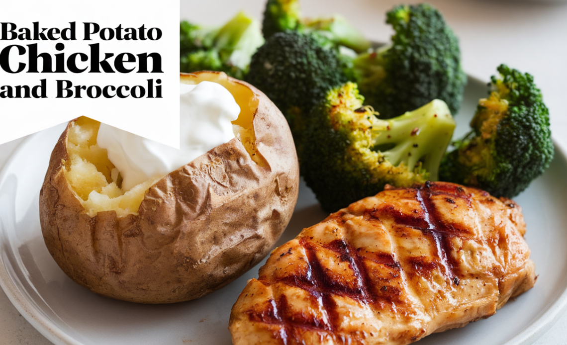 A plate of baked potato topped with grilled chicken, steamed broccoli, and a drizzle of creamy sauce, garnished with herbs.