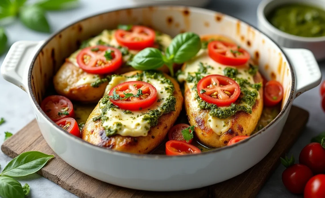 A freshly baked Basil Pesto Tomato Mozzarella Chicken Bake in a white casserole dish, with golden melted mozzarella, vibrant cherry tomatoes, and fragrant basil pesto drizzled over tender chicken breasts.