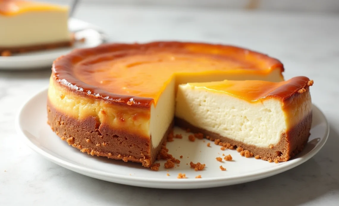 A freshly baked Basque burnt cheesecake with a beautifully caramelized top and a creamy, custard-like center, served on parchment paper.