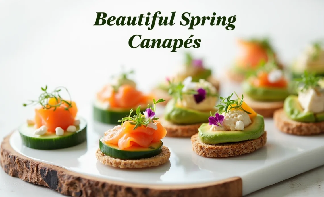 A platter of elegant spring canapés topped with fresh herbs, edible flowers, and vibrant seasonal ingredients.