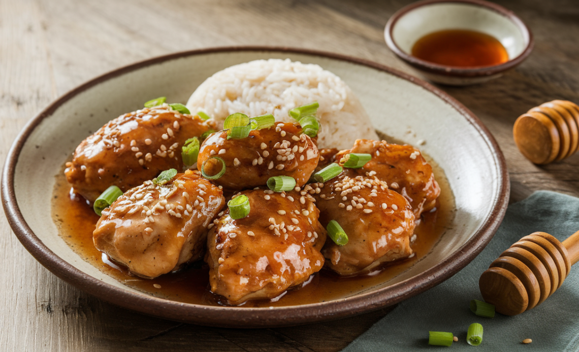 A plate of honey garlic chicken garnished with sesame seeds and green onions, served with steamed rice.