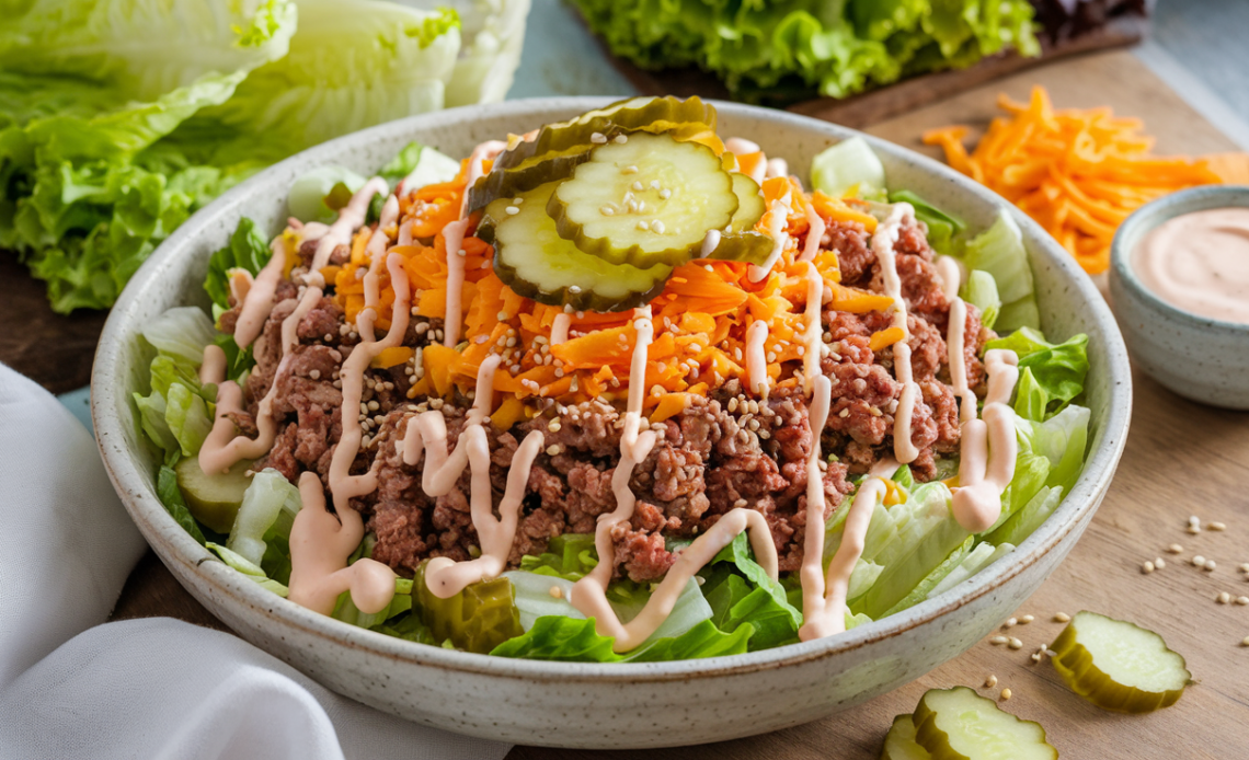 A delicious Big Mac Salad in a white bowl, featuring crispy lettuce, seasoned ground beef, shredded cheese, pickles, and a creamy special sauce—perfect for a keto-friendly meal.