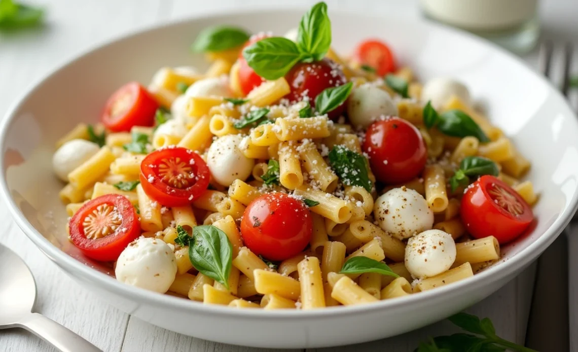A bowl of bruschetta pasta salad with cherry tomatoes, mini mozzarella balls, fresh basil, and a light balsamic dressing.