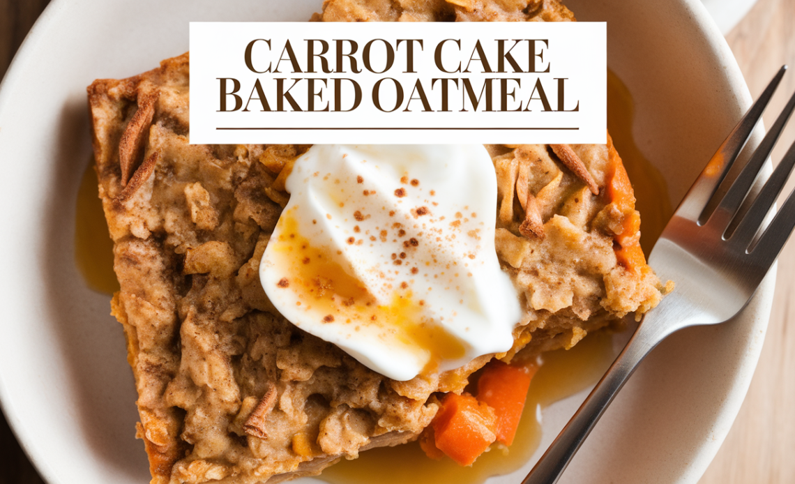 A warm slice of carrot cake baked oatmeal topped with a drizzle of cream cheese glaze and a sprinkle of chopped nuts, served on a plate.