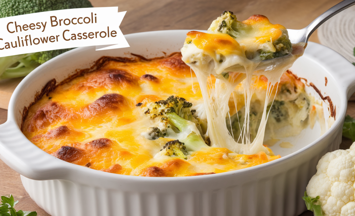 A freshly baked cheesy broccoli cauliflower casserole in a white baking dish, topped with golden, melted cheese and crispy breadcrumbs.