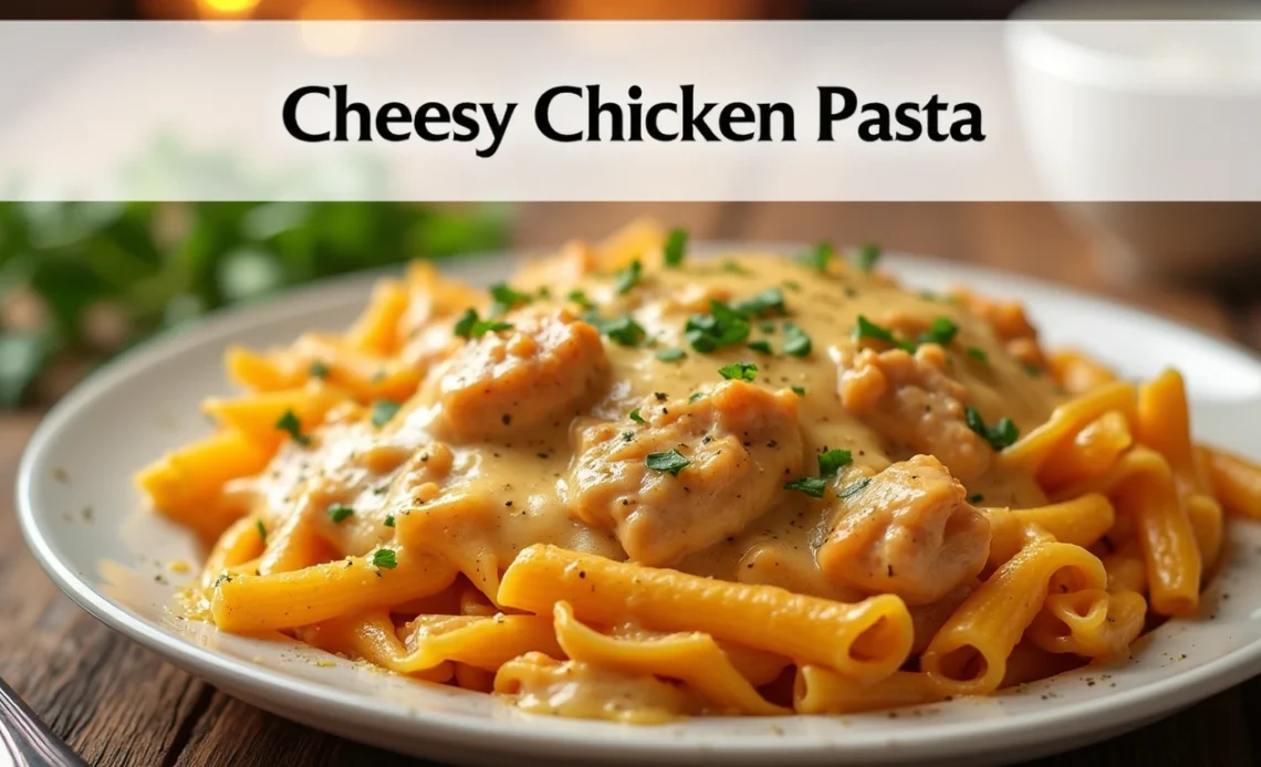 A creamy and cheesy chicken pasta dish served in a bowl, garnished with fresh parsley and grated cheese.