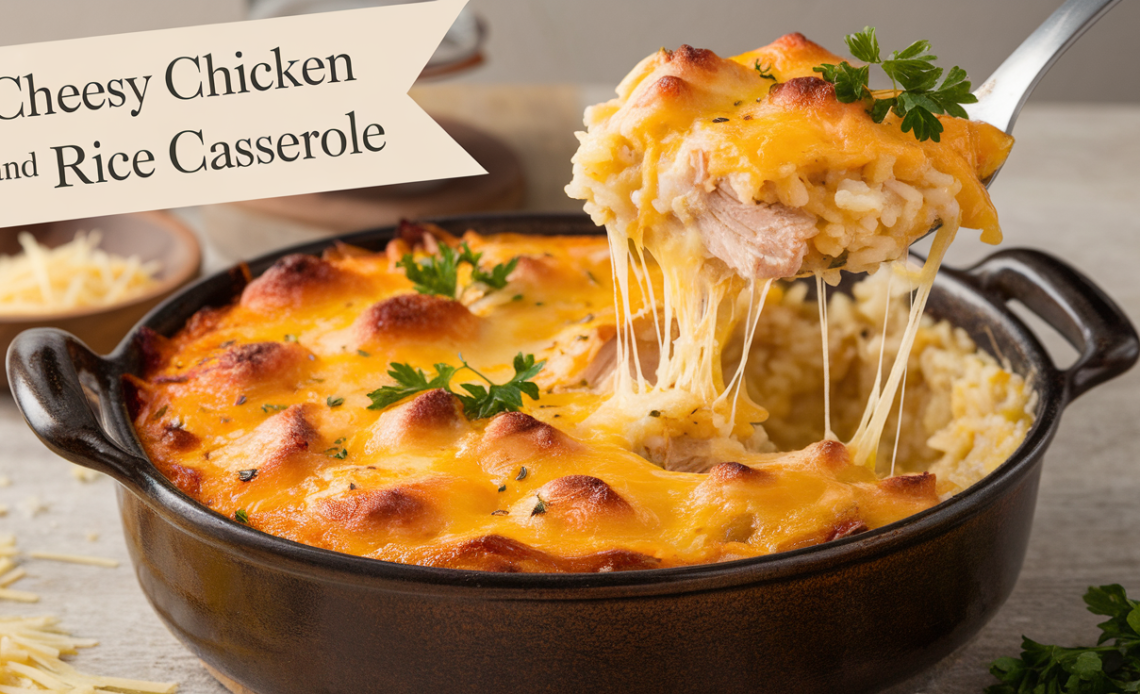 A freshly baked cheesy chicken and rice casserole in a baking dish, topped with melted golden cheese and garnished with fresh herbs.