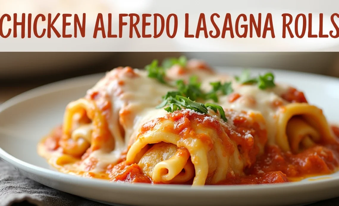 A plate of Chicken Alfredo Lasagna Rolls, drizzled with creamy Alfredo sauce, topped with melted cheese, and garnished with fresh herbs.