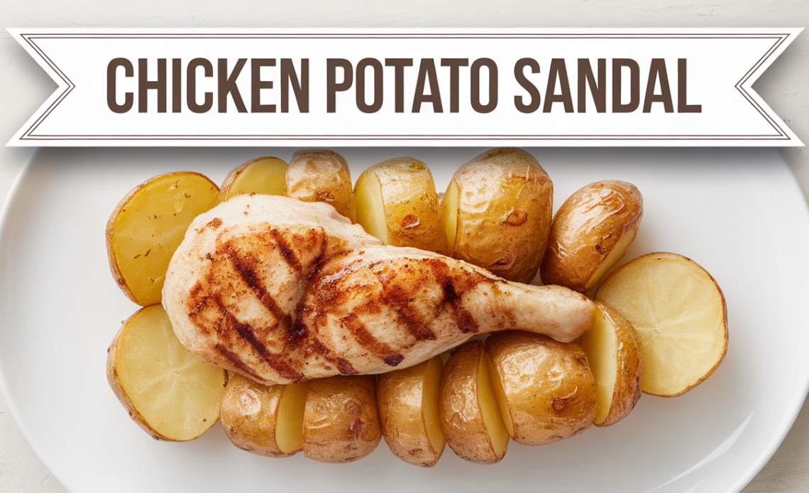 A plate of Chicken Potato Sandal, featuring tender chicken pieces and crispy golden potato wedges, garnished with fresh herbs.