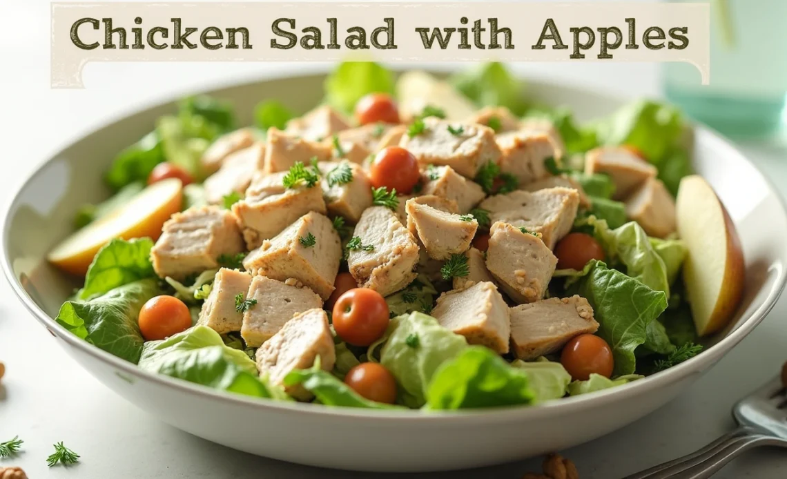 A fresh chicken salad with diced apples, celery, and walnuts, served on a bed of lettuce in a white bowl.
