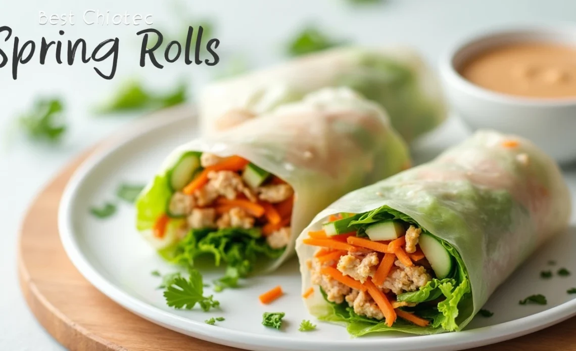 A plate of crispy, golden-brown chicken spring rolls served with a side of sweet chili dipping sauce and fresh herbs.