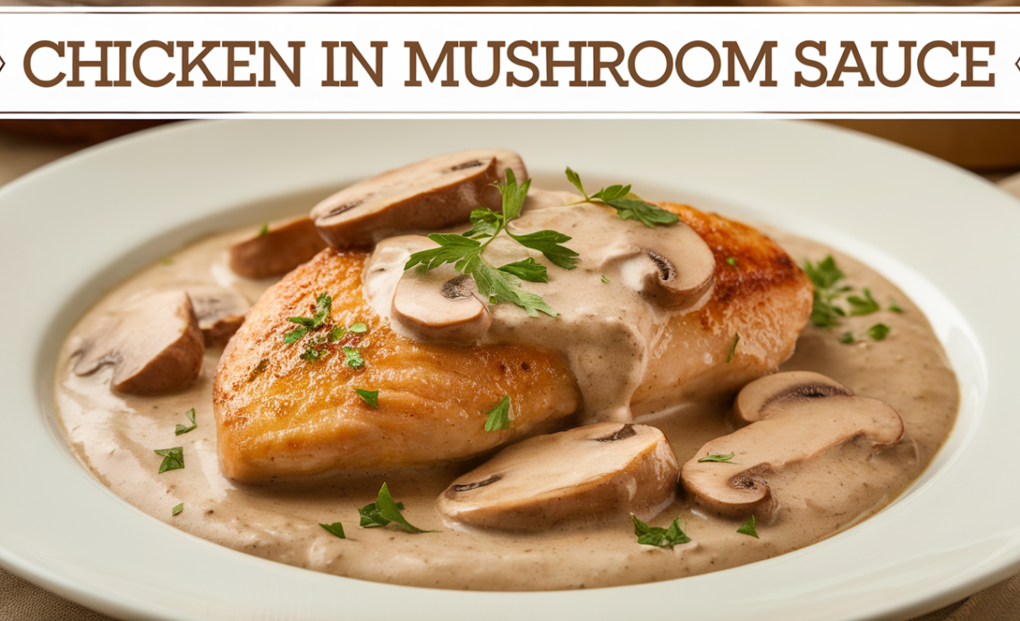 A plate of tender chicken smothered in a creamy mushroom sauce, garnished with fresh herbs and served with a side of steamed vegetables.