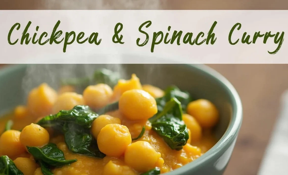 A hearty bowl of chickpea and spinach curry served with basmati rice, garnished with fresh cilantro and a wedge of lime.