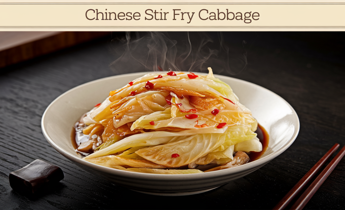 A plate of Chinese stir-fry cabbage with garlic, red chili flakes, and a light savory sauce, served in a white bowl.