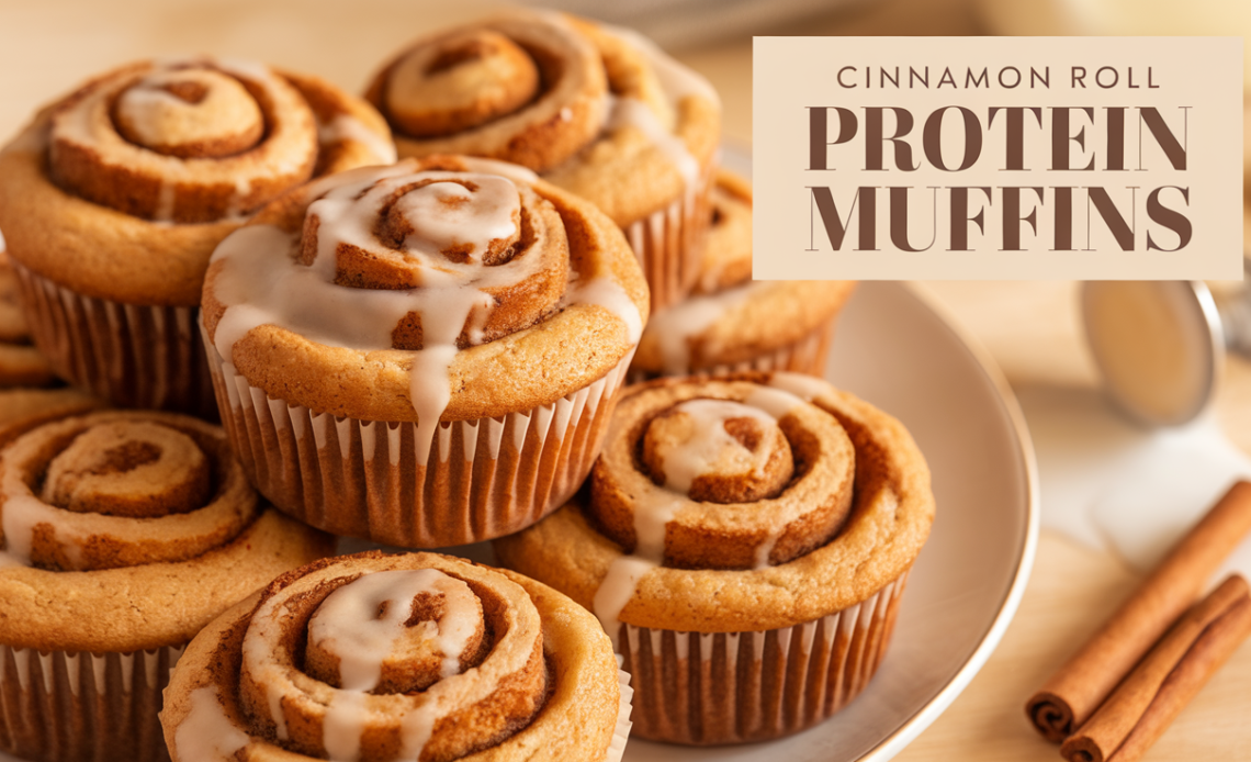A stack of cinnamon roll protein muffins with a golden-brown top, drizzled with vanilla glaze and sprinkled with cinnamon, served on a wooden board.