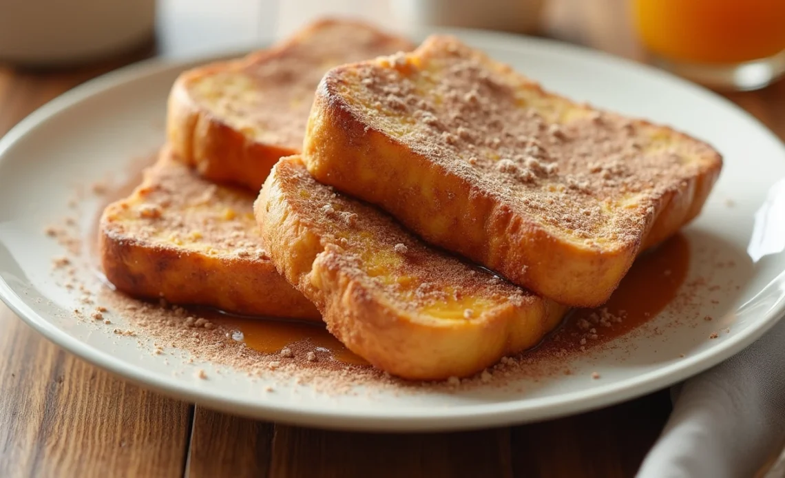 A plate of golden, crispy French toast dusted with cinnamon sugar, served with fresh berries and a drizzle of syrup.