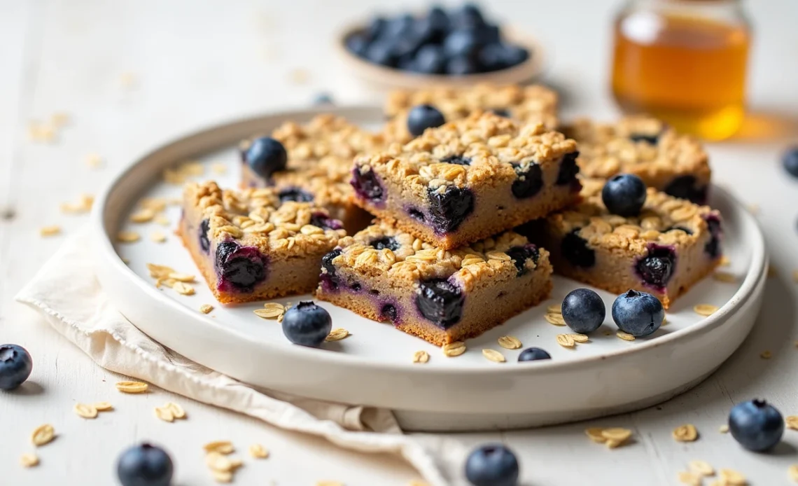 A stack of gluten-free blueberry oatmeal breakfast bars with a golden-brown crust, fresh blueberries, and a soft, chewy texture, served on a white plate.