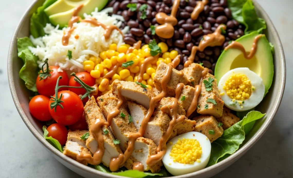 A colorful southwest-style Cobb salad with grilled chicken, avocado, black beans, corn, tomatoes, and a smoky chipotle dressing drizzled on top.