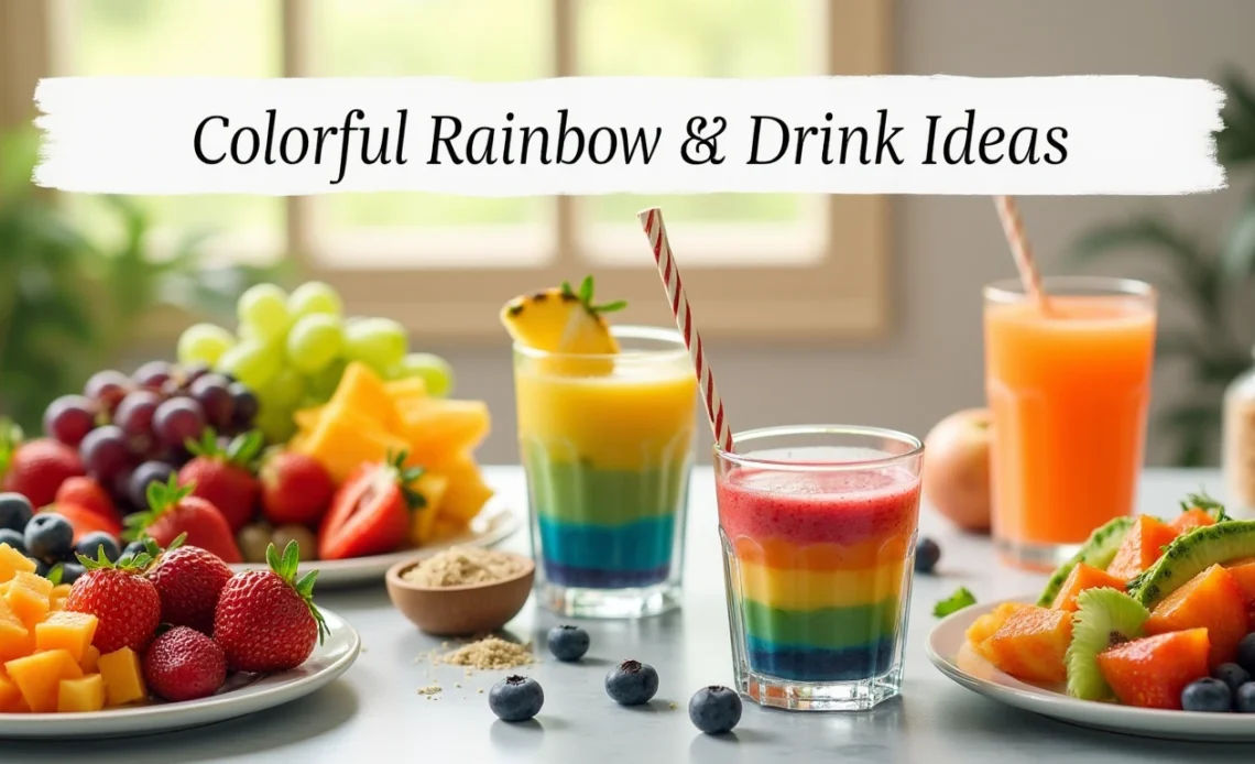 A vibrant assortment of rainbow-colored foods and drinks, including layered smoothies, fruit skewers, rainbow bagels, and colorful cupcakes, arranged on a festive table.