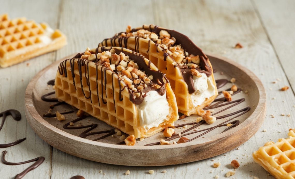 Delicious homemade Choco Taco with chocolate shell and ice cream filling.