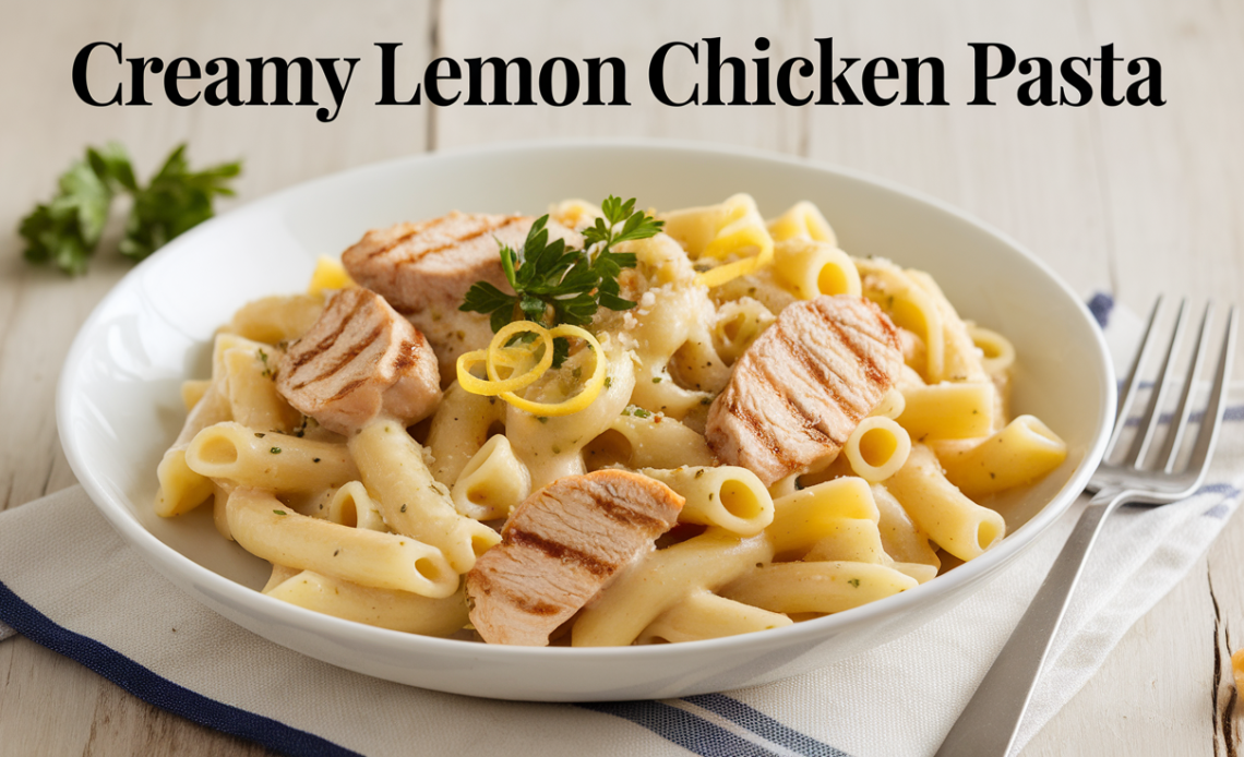 A bowl of creamy lemon chicken pasta with tender chicken slices, pasta, and a rich lemon sauce, garnished with fresh parsley.
