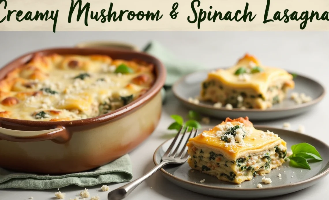 A close-up of a creamy mushroom and spinach lasagna, with layers of pasta, rich béchamel sauce, sautéed mushrooms, and vibrant spinach, topped with golden, melted cheese.