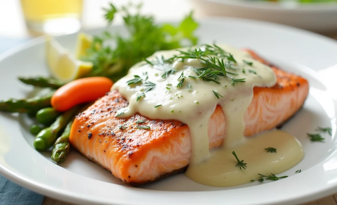 A plate of creamy spring salmon garnished with fresh herbs, served with asparagus and a light, velvety sauce.