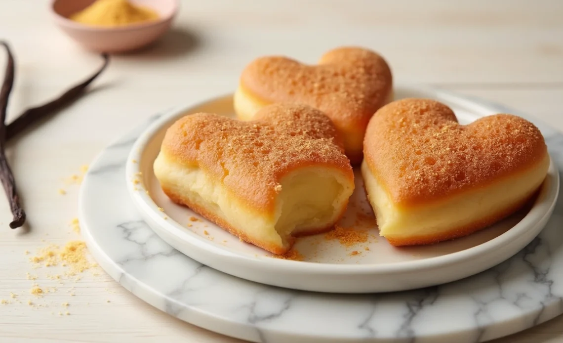 Heart-shaped crème brûlée donuts with a caramelized sugar topping, cracked to reveal a rich custard-filled center.