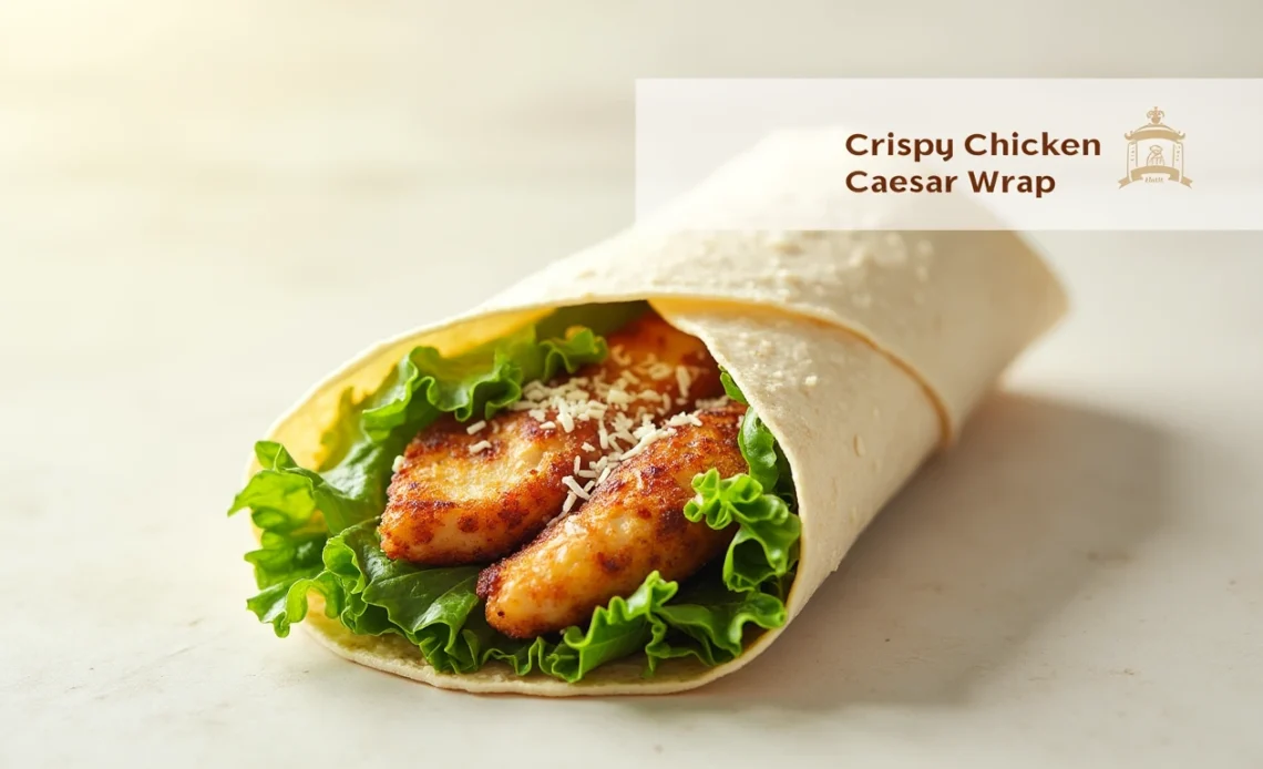 A crispy chicken Caesar wrap filled with crunchy romaine lettuce, parmesan cheese, and creamy Caesar dressing, wrapped in a soft tortilla and sliced in half.