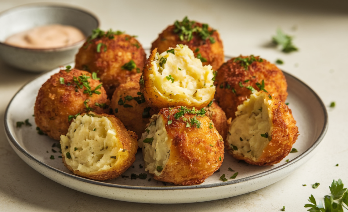 Golden-brown crispy fried potato balls served on a plate with a side of dipping sauce.