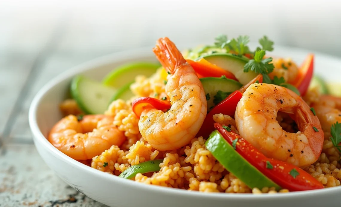 A bowl of crispy rice topped with spicy shrimp, fresh vegetables, and a drizzle of spicy dressing.