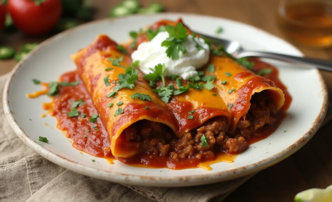 A plate of freshly baked ground beef enchiladas topped with melted cheese, garnished with chopped cilantro, and served with a side of sour cream and salsa.