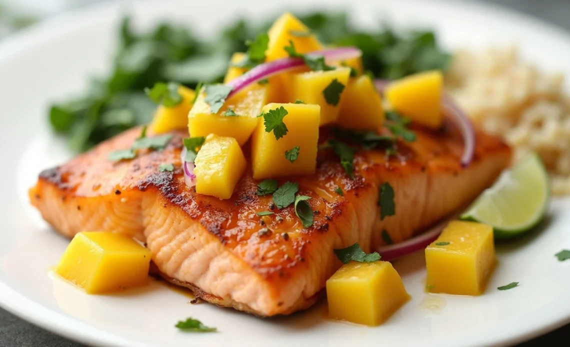 A perfectly cooked salmon fillet topped with vibrant mango salsa, garnished with fresh cilantro and served on a white plate.