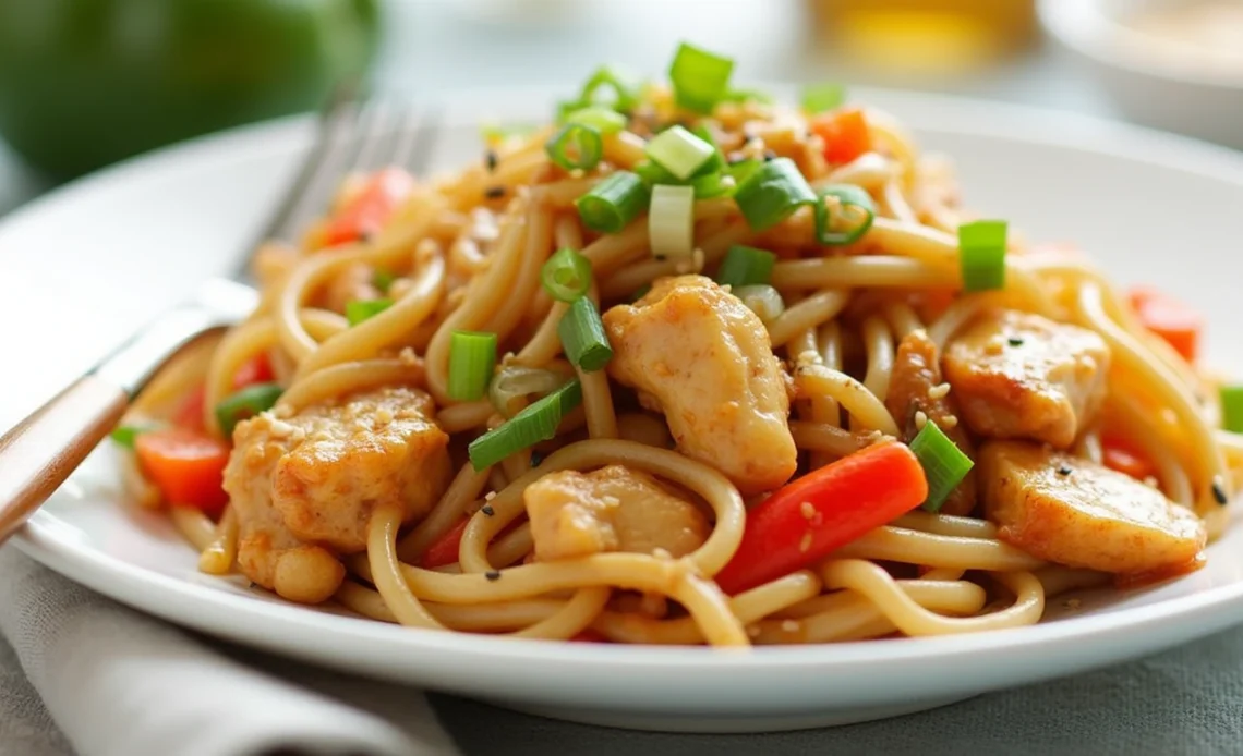 A plate of easy chicken chow mein with stir-fried noodles, tender chicken, and colorful vegetables, garnished with green onions and sesame seeds.
