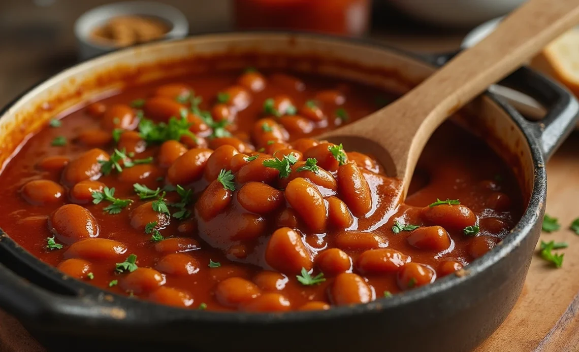 A bowl of hearty, savory baked beans topped with a sprinkle of fresh herbs, served alongside warm bread.