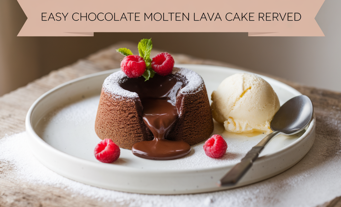 A rich and gooey chocolate molten lava cake with a soft, warm center oozing chocolate, served on a white plate with a dusting of powdered sugar and fresh berries.